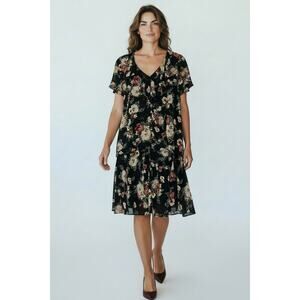 Chaps Black Floral Two Piece Skirt Set Women’s XL|V-Neck Ruffle Blouse EUC